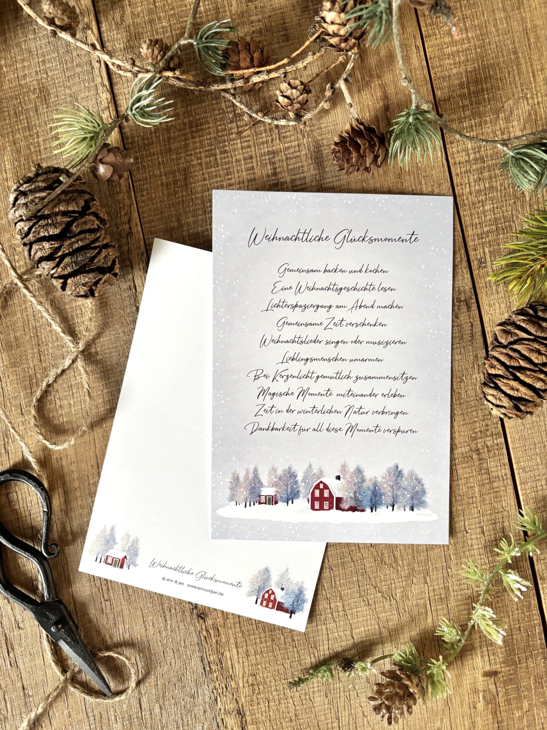 Handillustrierte große Weihnachtskarte Glücksmomente Schwedenhaus verschneite Winterlandschaft von Ann und Jan