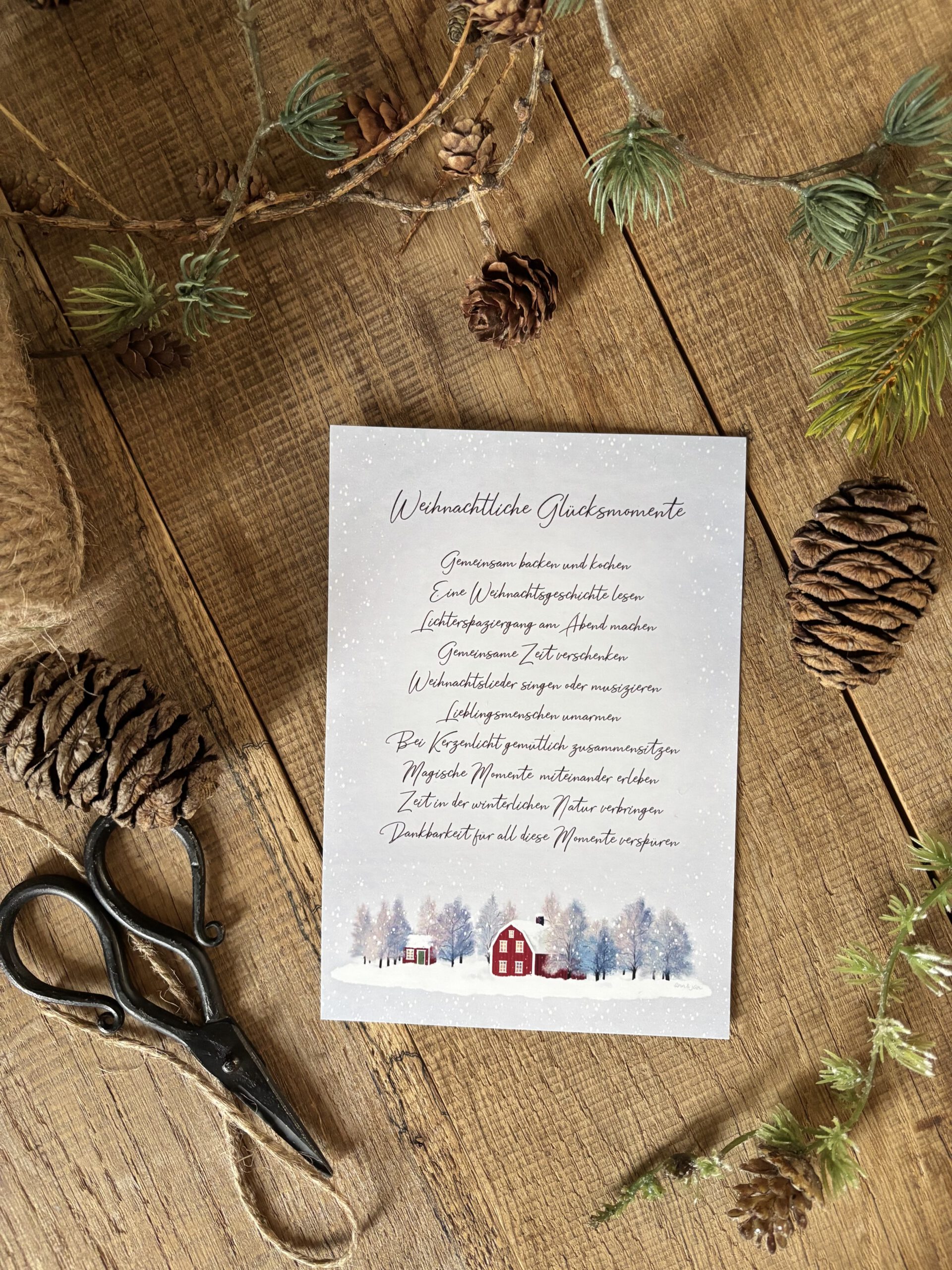 Weihnachtskarte Glücksmomente Detailansicht Liste weihnachtliche Momente skandinavisch handillustriert Ann und Jan