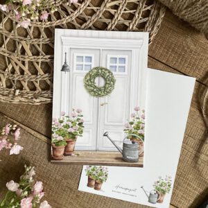 Handillustrierte große Postkarte Hereinspaziert blühender Hauseingang Pelargonien Wiesenblumenkranz von Ann und Jan