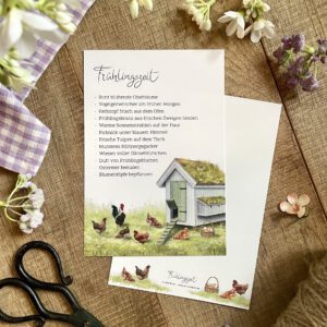 Handillustrierte große Postkarte Frühlingszeit mit Hühnerhaus und Frühlingsmomenten von Ann und Jan