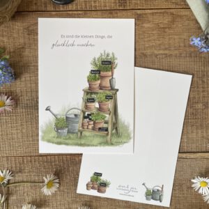 Handillustrierte Postkarte Es sind die kleinen Dinge die glücklich machen Gartenmotiv von Ann und Jan