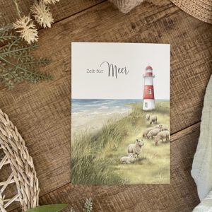Handillustrierte Postkarte Zeit für Meer Deich Deichschafe Leuchtturm Strand Meer von Ann und Jan