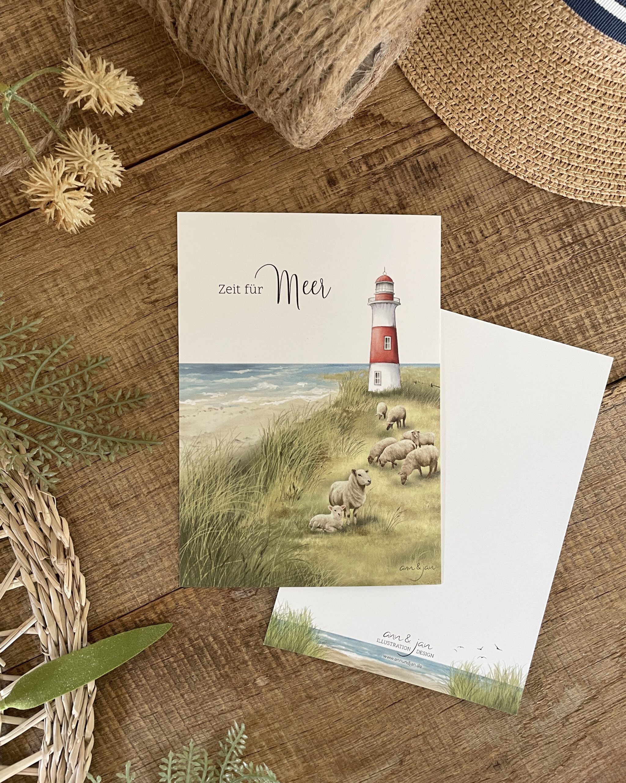 Postkarte Zeit für Meer Rückseite beschreibbar Chromokarton DIN A6 Ann und Jan