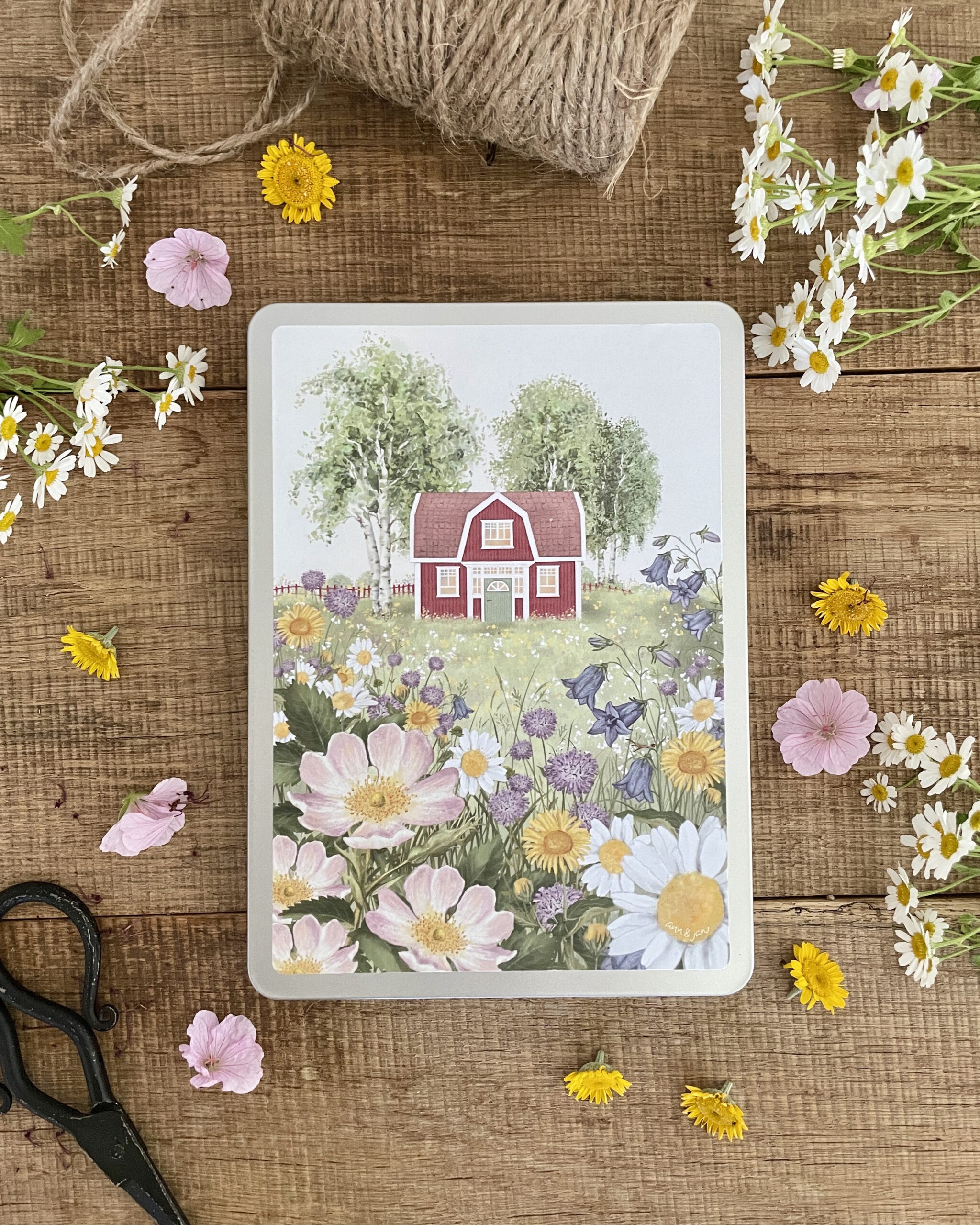 Postkartendose „Sommerwiese“ mit Schwedenhaus, Birken und blühender Wiese im skandinavischen Stil von Ann & Jan