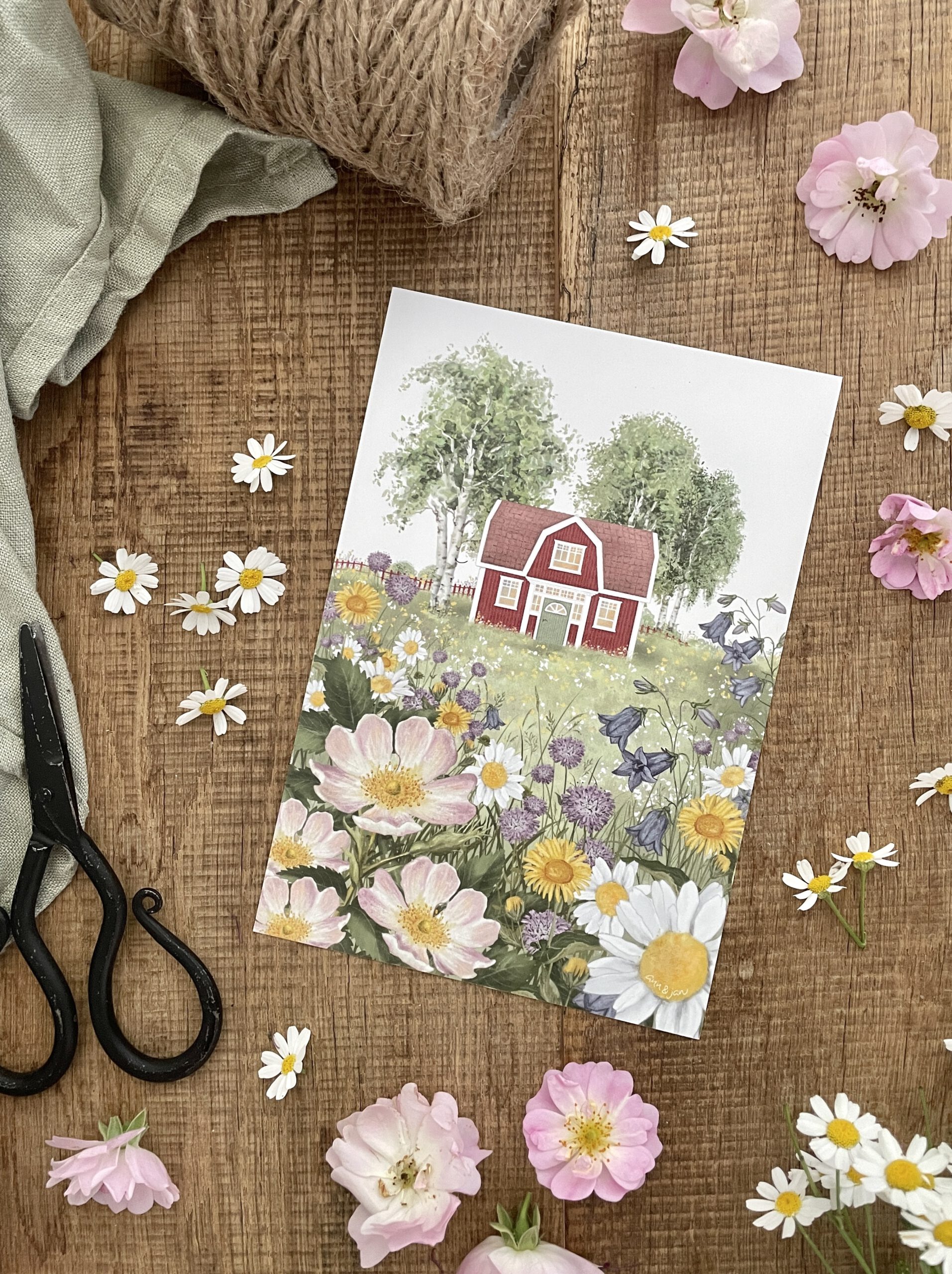 Postkarte "Sommerwiese". Ein Schwedenhaus inmitten blühender Wiesenblumen.