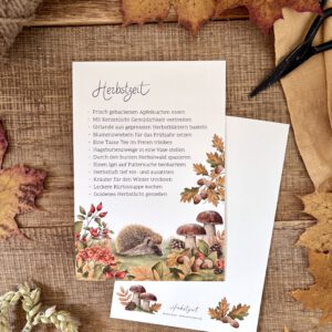 Große Postkarte Herbstzeit. Herbstmomente. Glücksmomente. Igel im Herbstwald, Vorderseite und beschreibbare Rückseite.