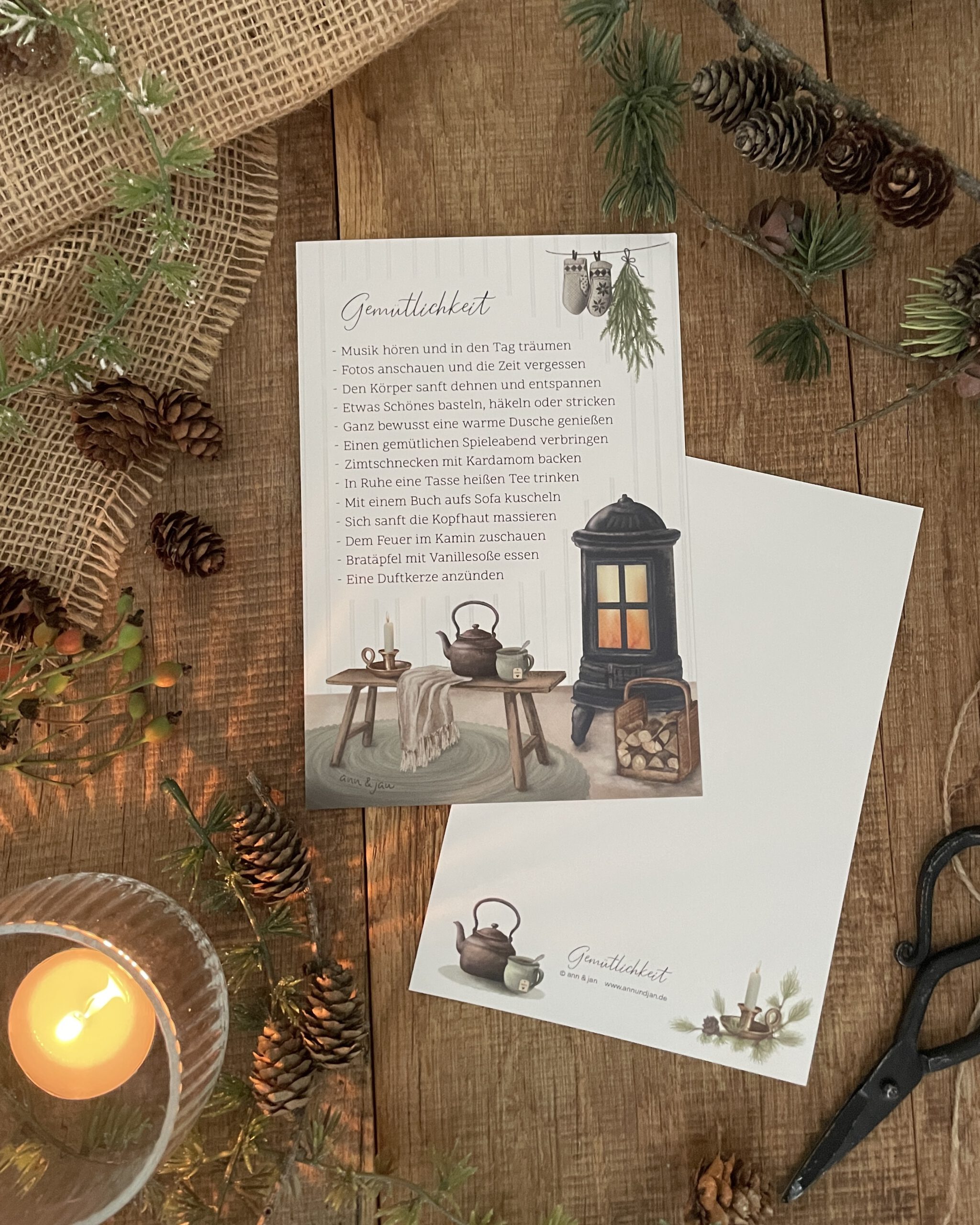Große Postkarte Gemütlichkeit. Schwedenofen, Wohlfühlmomente. Hygge