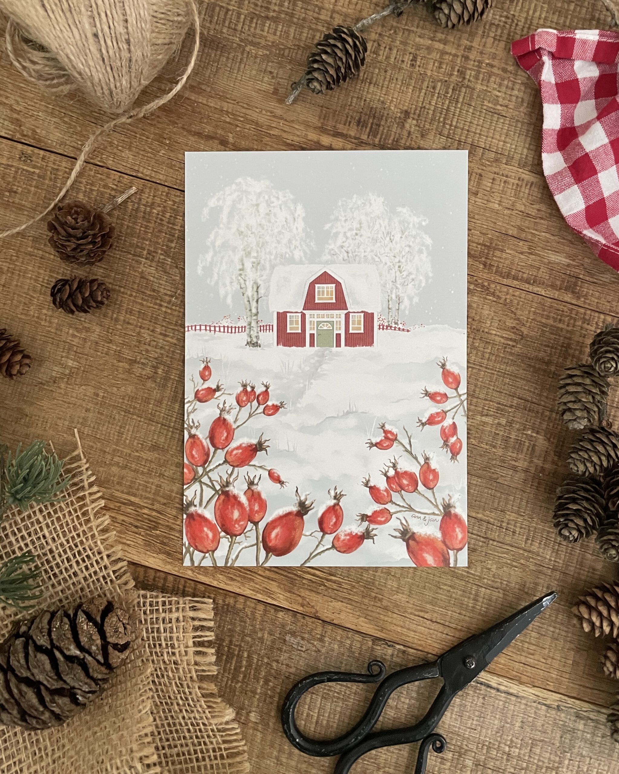 Große Postkarte „Winterfrüchte" – Schwedenhaus und Hagebutten im Winter – Bild 2