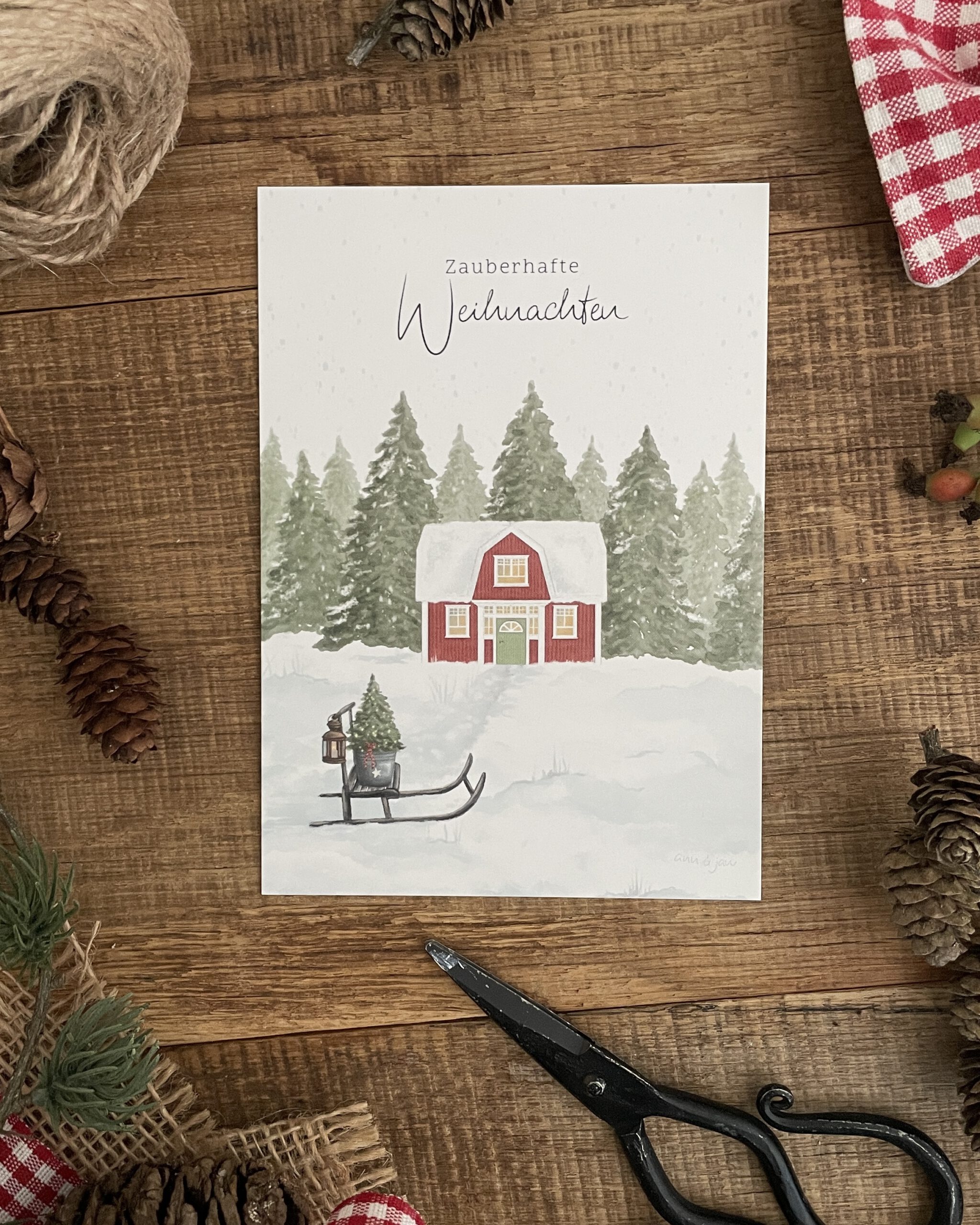 Postkarte DIN A6 Vorderseite Schwedenhaus Zauberhafte Weihnachten. Grußkarte. Weihnachtskarte